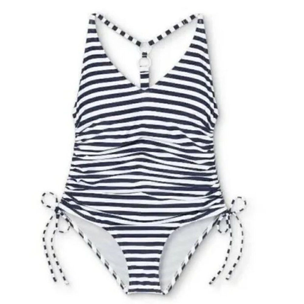 Kona Sol Navy + White Stripe V Neck Side Cinch One Piece Swimsuit Large